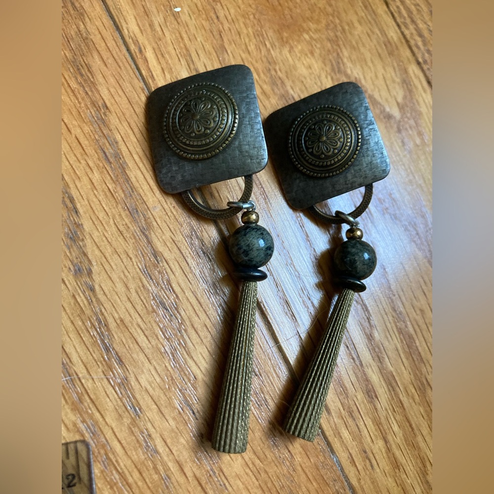 Vintage 80s Bronze and Gun metal tone Dangle Pierced Earrings 3.25” drop